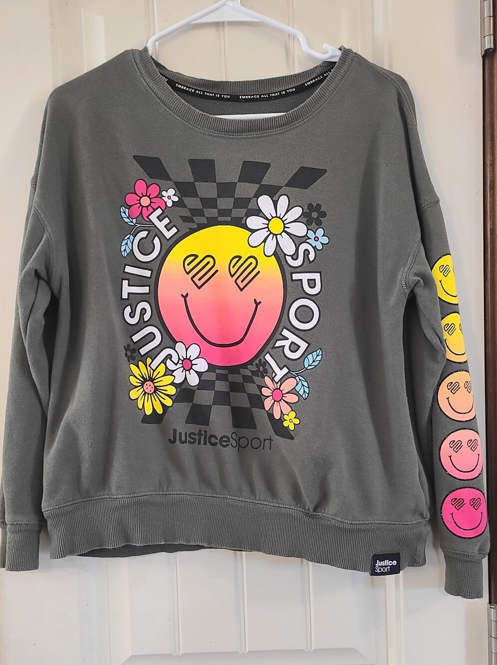 Justice Girl's Green Crewneck Sweatshirt with Neon Smiley & Floral Graphic Size